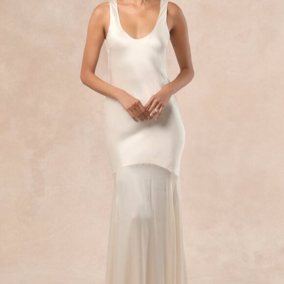 Lulus Love All Of Me Champagne Satin Maxi Dress Beige - Size S - Picture 1 of 1